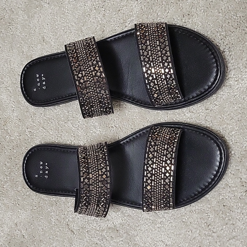 Black Beaded Double Strap Sandals